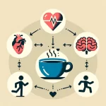 A minimalist infographic featuring a central coffee cup from which arrows extend to a heart symbol, a brain, and a figure in motion, illustrating the health benefits of coffee. The heart symbol pulses with vitality, the brain is lit with activity, and the figure strides forward energetically, signifying improved cardiovascular health, cognitive function, and physical performance as highlighted by Scott Keatley, RD.