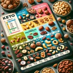 An informative image displaying a variety of nuts arranged on a board labeled 'Keto Carbs Diets,' with individual sections for each nut type. It features pecans, hazelnuts, macadamia nuts, brazil nuts, and more, with detailed nutritional information such as carb and fat content next to each. The name Scott Keatley, RD, is prominently displayed, highlighting his professional input on the suitability of these nuts for a keto diet. The image has a vintage infographic style, using vibrant colors and a playful arrangement to present the data engagingly.