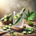 An appealing image of a glass of okra water, with okra pods immersed in clear water, showcased on a wooden surface surrounded by fresh okra pods and leaves, representing a health trend emphasized by Scott Keatley, RD.