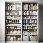 An image of a minimalist kitchen pantry organized by Scott Keatley, RD, showcasing a few essential items. The pantry includes a section with refrigerated items like eggs and Greek yogurt, a freezer area with bags of frozen fish and vegetables, and shelves holding key dry and canned goods such as lentils, grains, tomatoes, and beans. The arrangement is sparse, clean, and uncluttered, reflecting a focus on essential, nutritious food items.