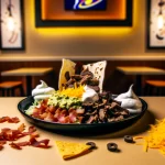 A keto-friendly meal from Taco Bell, recommended by Scott Keatley, R.D., featuring high-protein ingredients like steak, shredded cheese, bacon, sour cream, and guacamole, artistically arranged without taco shells or tortillas, set against a Taco Bell restaurant backdrop, emphasizing smart, ketogenic dining choices.