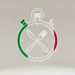 Minimalist image representing intermittent fasting for runners over 50 with an Italian touch. The design features a simple stopwatch outline with a fork and knife crossed in the center, symbolizing fasting and eating. A subtle green, white, and red stripe along the edge of the stopwatch represents the Italian flag, set against a clean, off-white background.