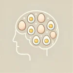 A minimalist illustration featuring a soft, abstract outline of a brain with egg shapes subtly placed inside and around it. The design uses light pastel colors, primarily soft beige and pale yellow, to represent the connection between egg consumption and brain health. The overall style is calming and simple, with a focus on clarity and wellness.