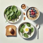 A minimalist breakfast plate featuring a boiled egg, leafy greens, whole-grain toast, and a bowl of oatmeal with almond butter and fresh berries, representing a balanced meal for weight loss by Scott Keatley RD.