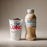 Scott Keatley, RD, highlights the viral Protein Diet Coke trend with a cup of Diet Coke and a vanilla protein shake bottle side by side, showcasing the ingredients of this trending drink mix.