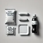 A minimalist image showing four ultra-processed foods: a plain bag of salty snacks, processed sausage, a ready-to-eat meal, and a bottle of sweetened soda, highlighted by Scott Keatley, RD, as linked to a higher risk of Type 2 diabetes.