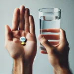 Scott Keatley, RD, demonstrates optimal iron supplement routine with a glass of water, an iron pill, and a vitamin C tablet to support better absorption.