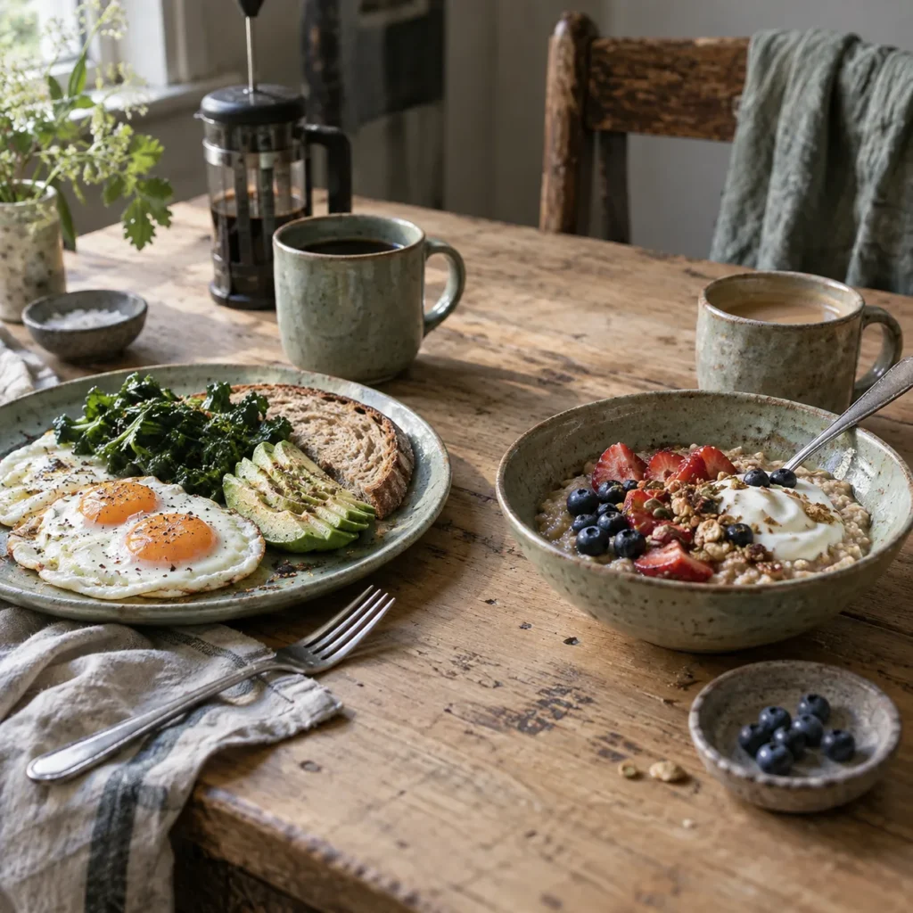 Balanced breakfast choices for men and women.
