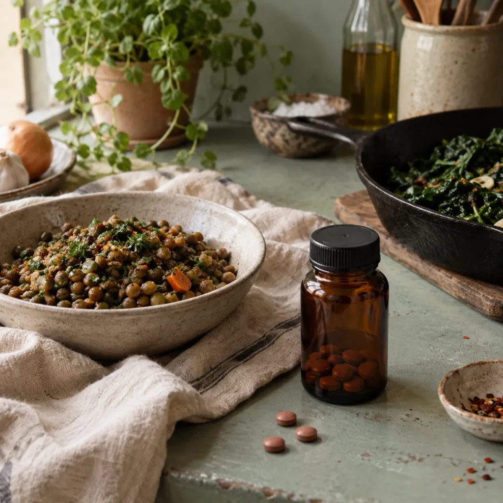 Iron supplements with vitamin C-rich food.
