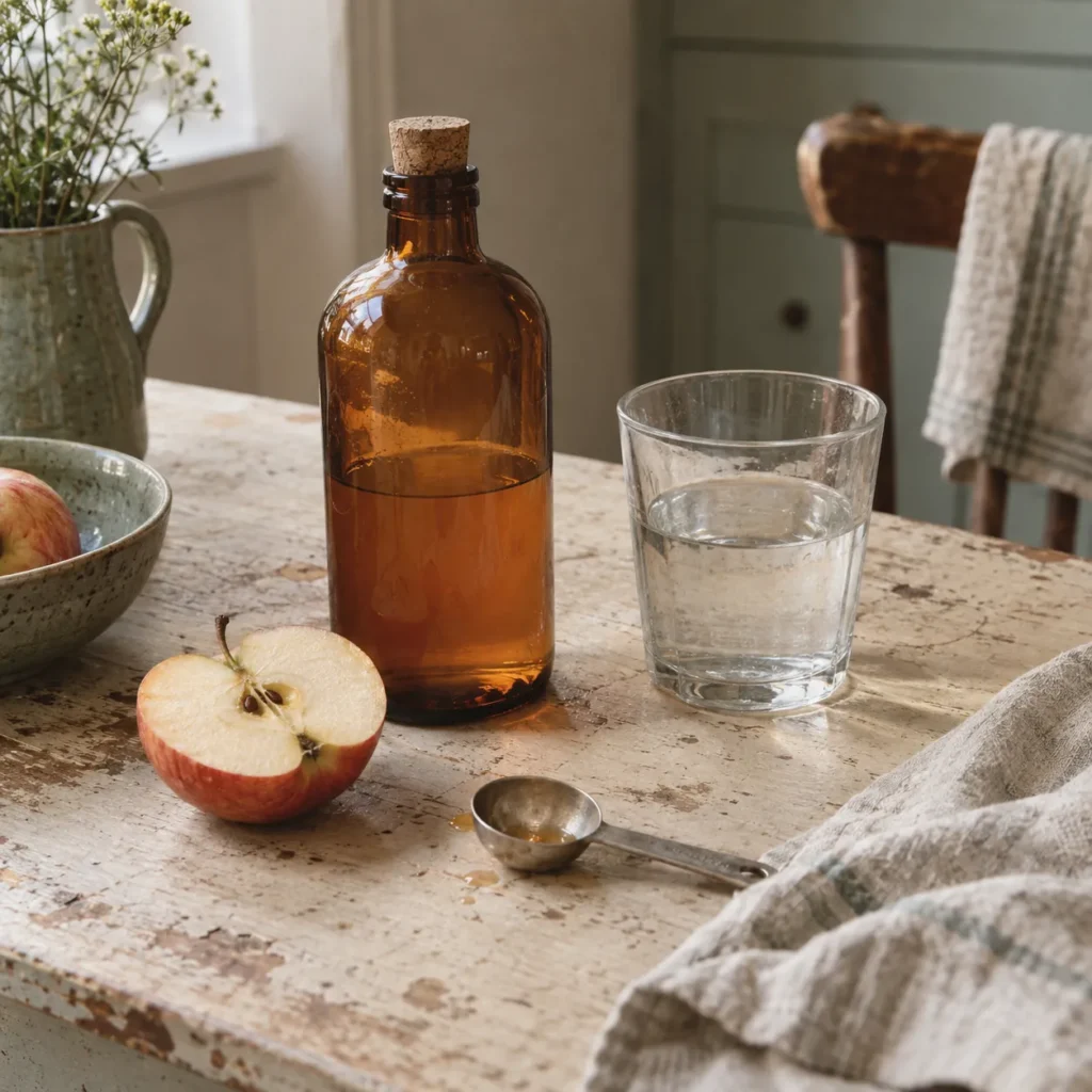 Apple cider vinegar beside fresh ingredients.