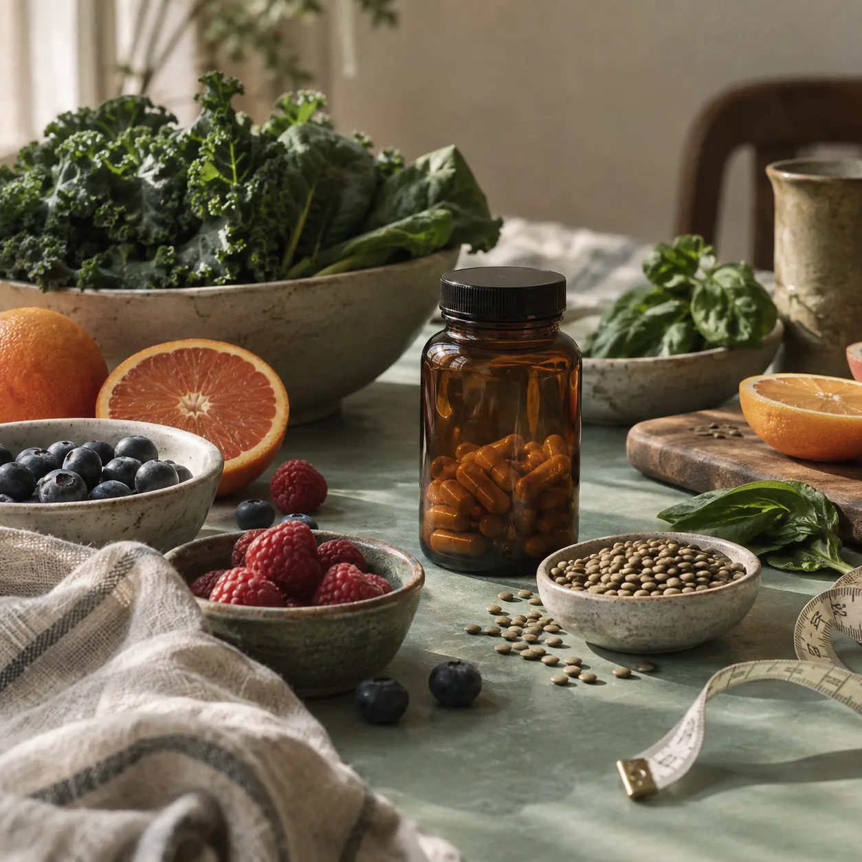 Vitamins and balanced foods for weight management.