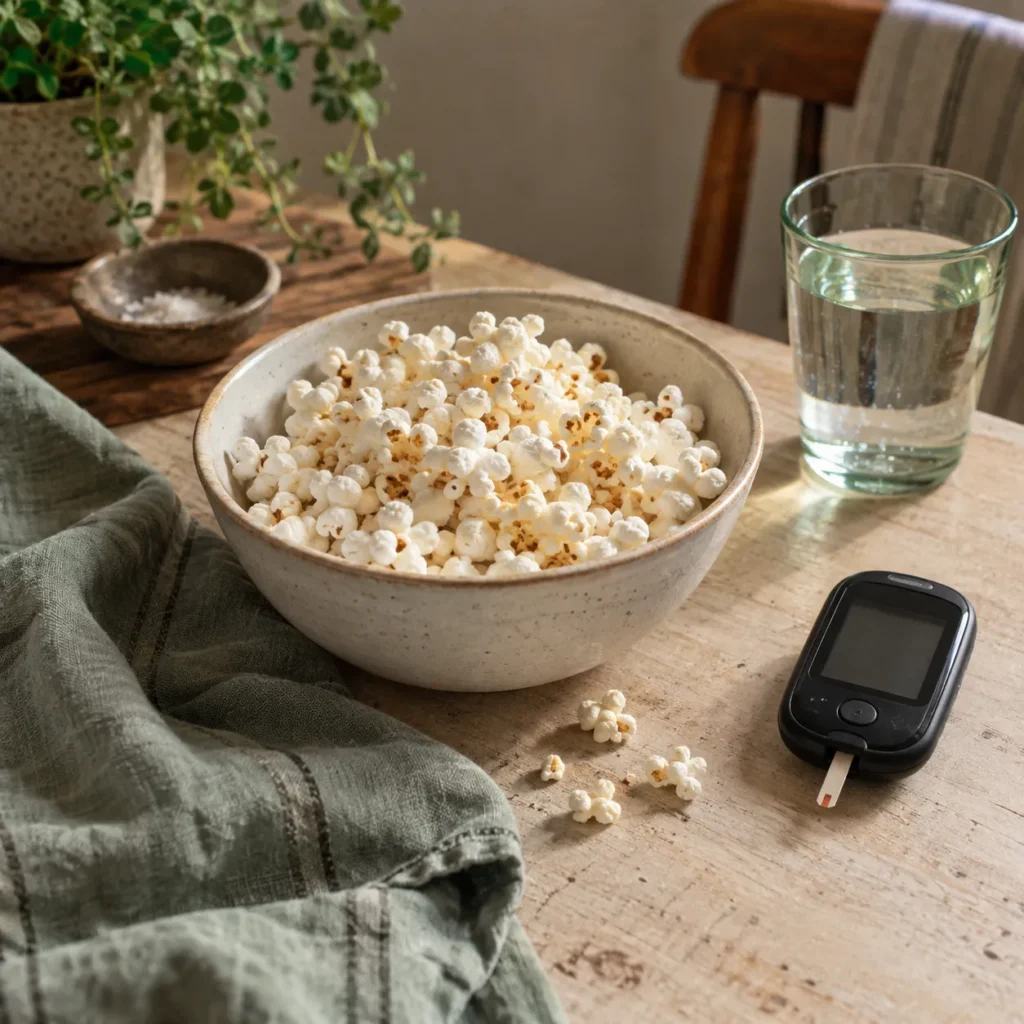 A bowl of popcorn representing a diabetes nutrition question.