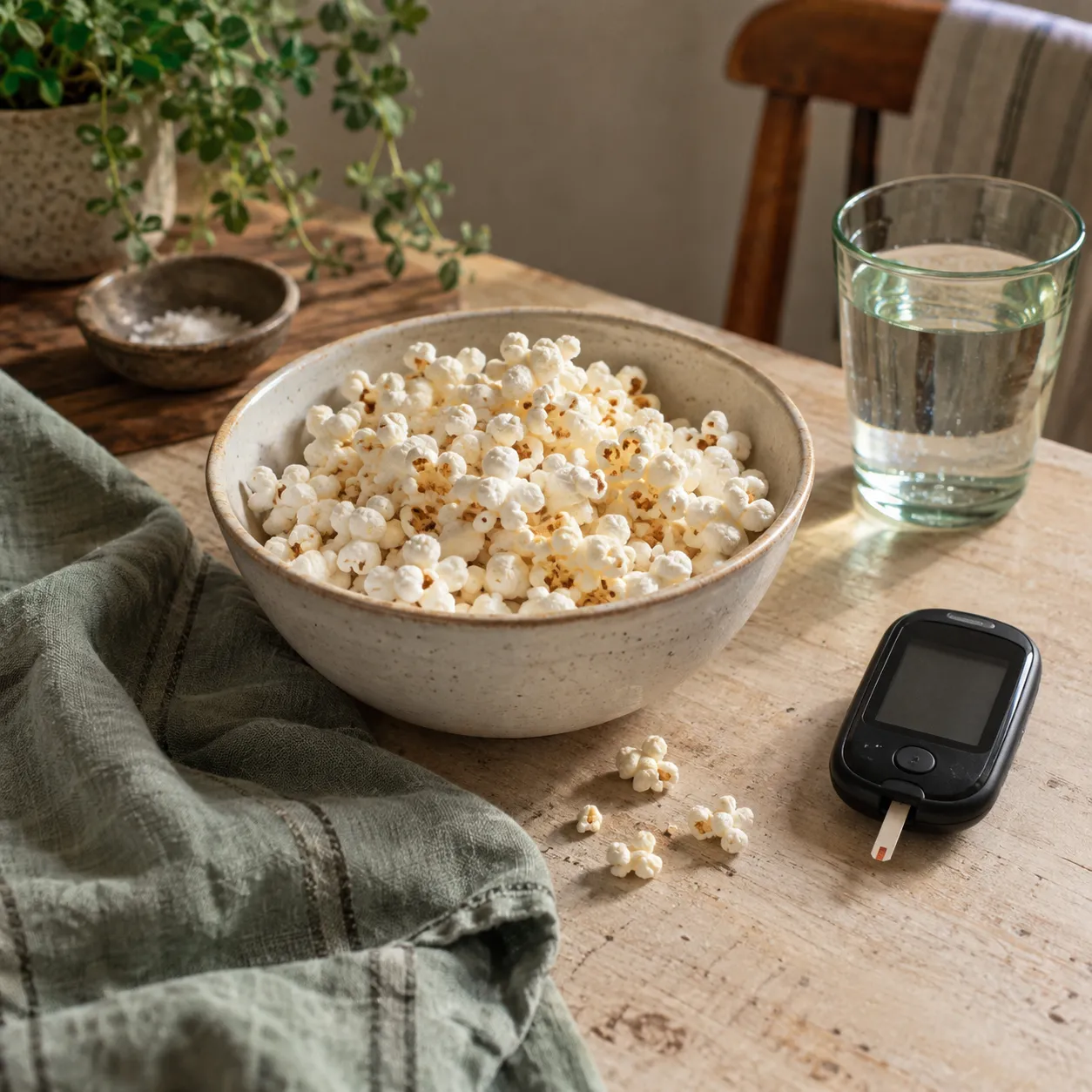 A bowl of popcorn representing a diabetes nutrition question.