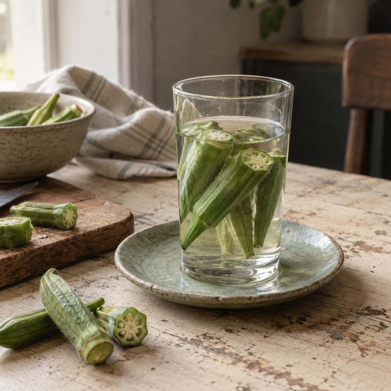 Fresh okra beside a glass of okra water.