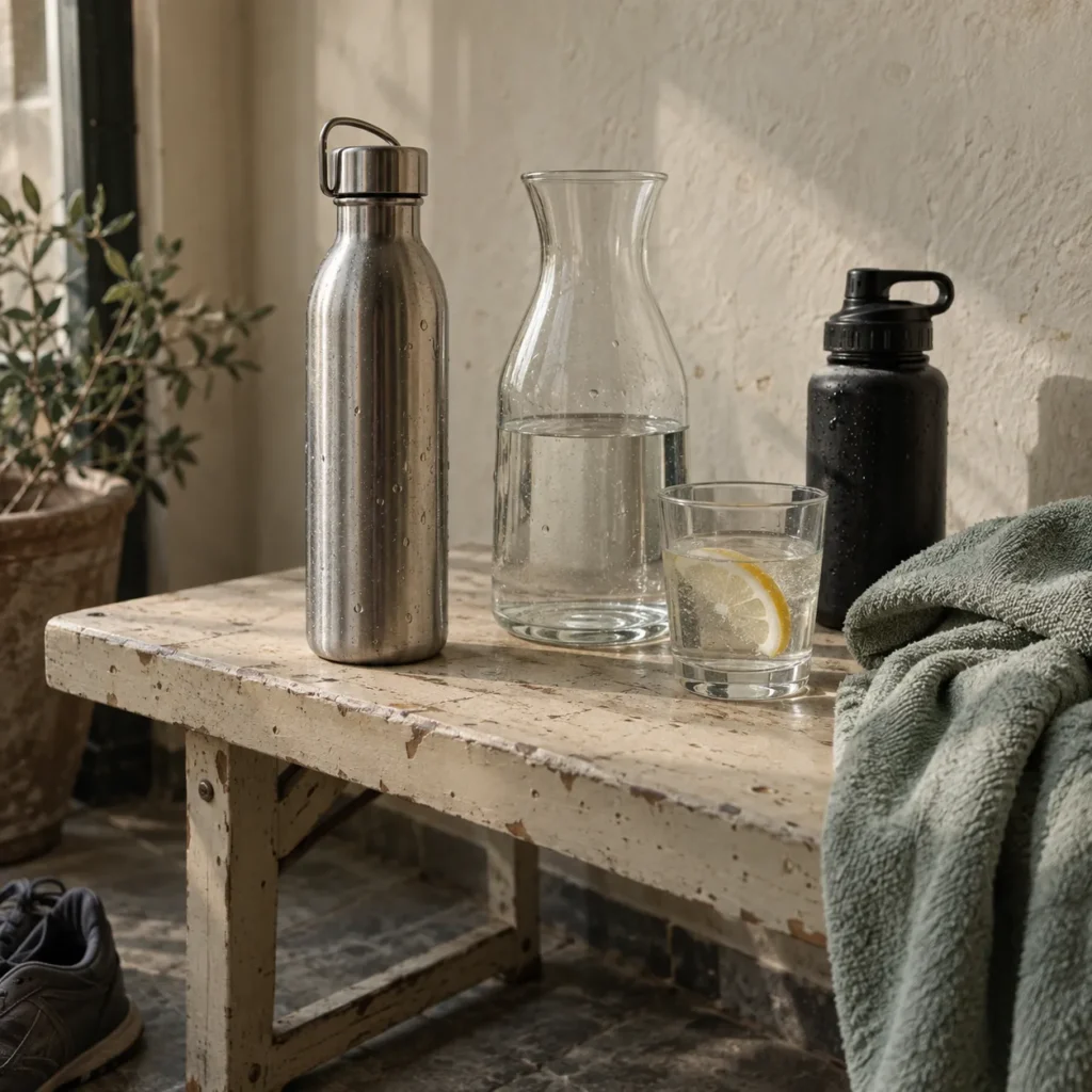 Reusable hydration gear and a glass of drinking water.