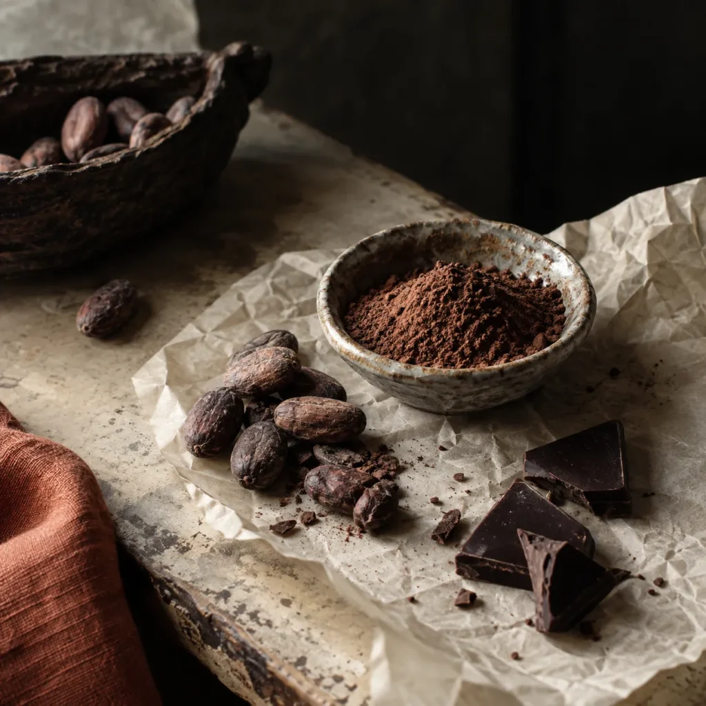 Cocoa beans and pieces of dark chocolate.