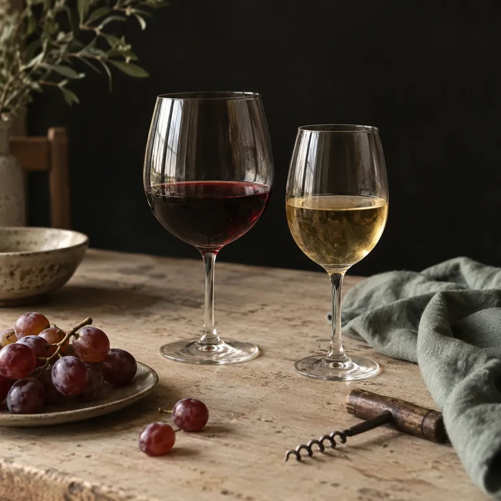 Glasses and bottles of low-carb wine.