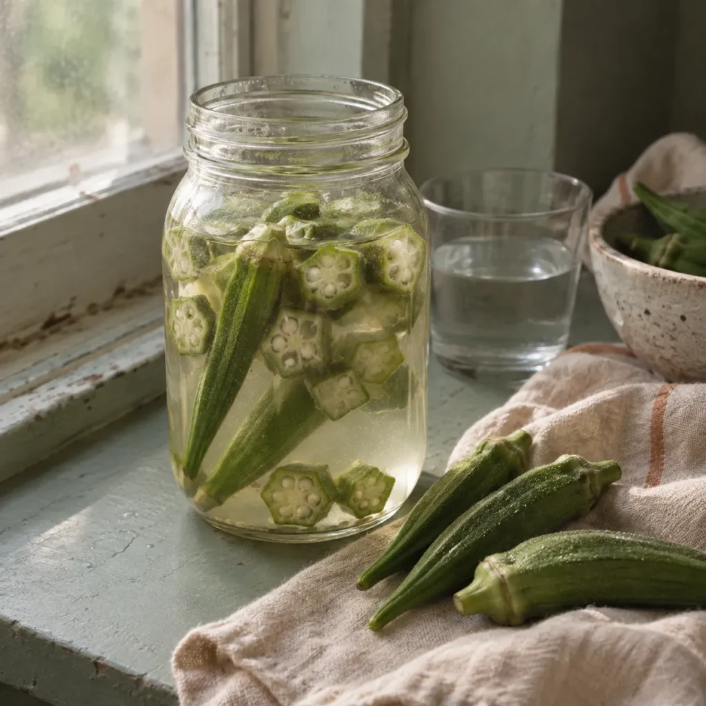 Fresh okra and okra water representing health claims.