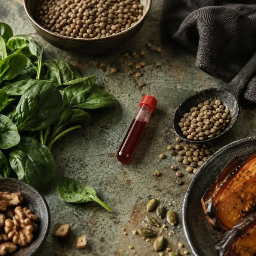 Iron-rich spinach and lentils beside an unlabeled blood sample vial on a worn green table.