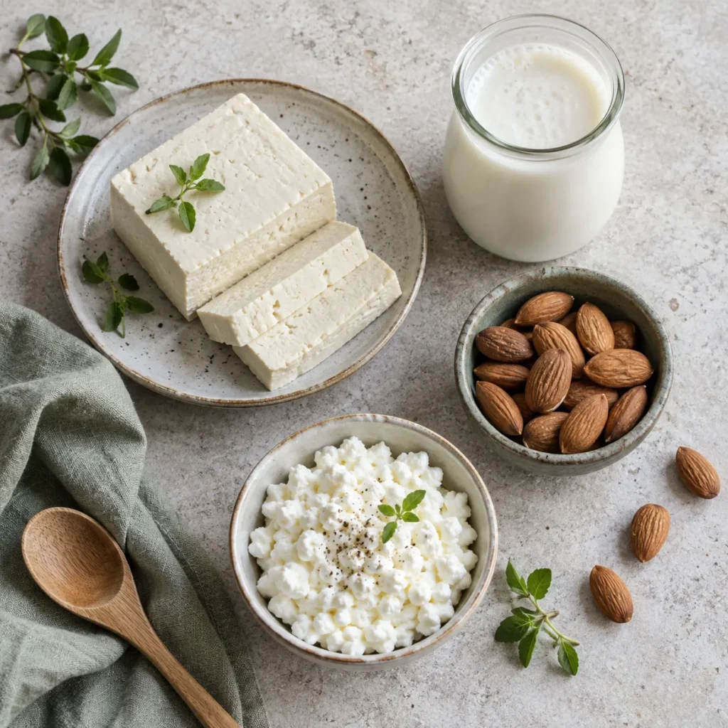Calcium-set tofu, kefir, almonds, and cottage cheese arranged as calcium-rich snack options.