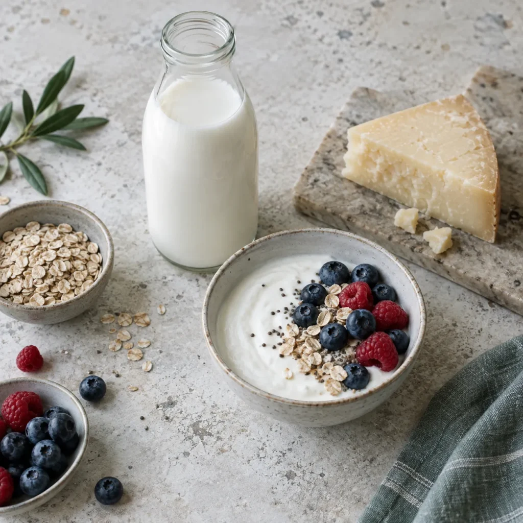 Milk, yogurt, cheese, oats, and berries arranged for an evidence-based article about dairy and inflammation.