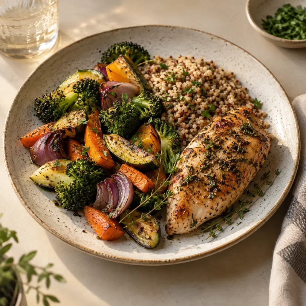 Roasted vegetables, whole grains, herbs, and lean chicken arranged as a balanced dinner for weight management.