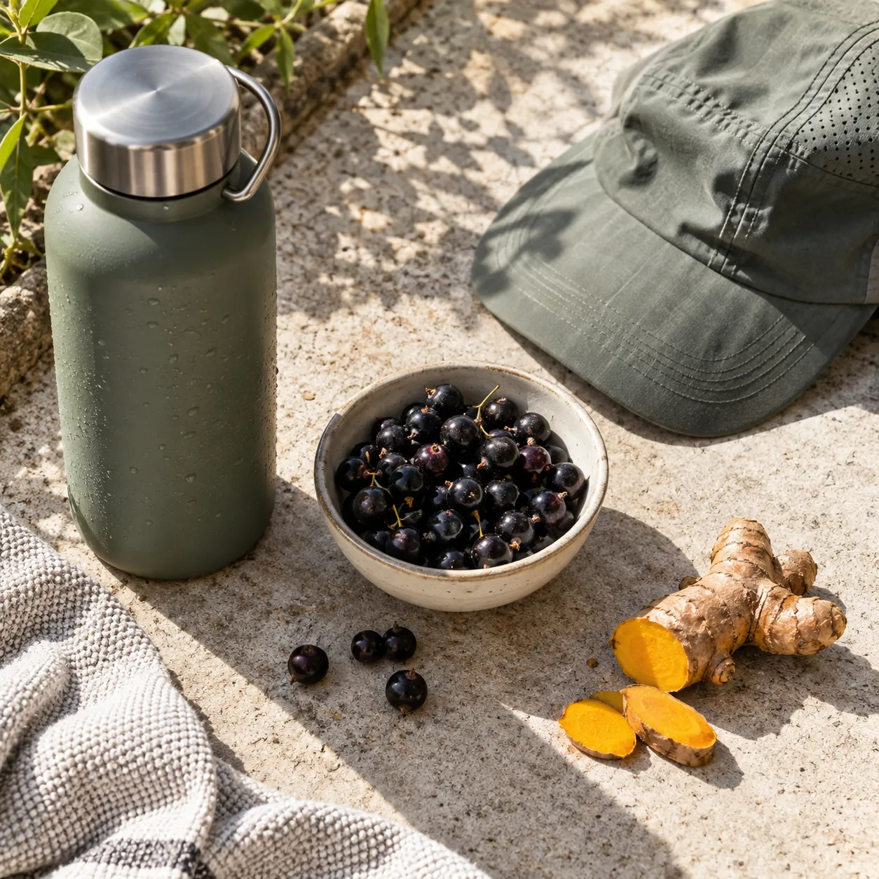 Water bottle, blackcurrants, turmeric, and a running cap arranged for an article about supplements and heat training.