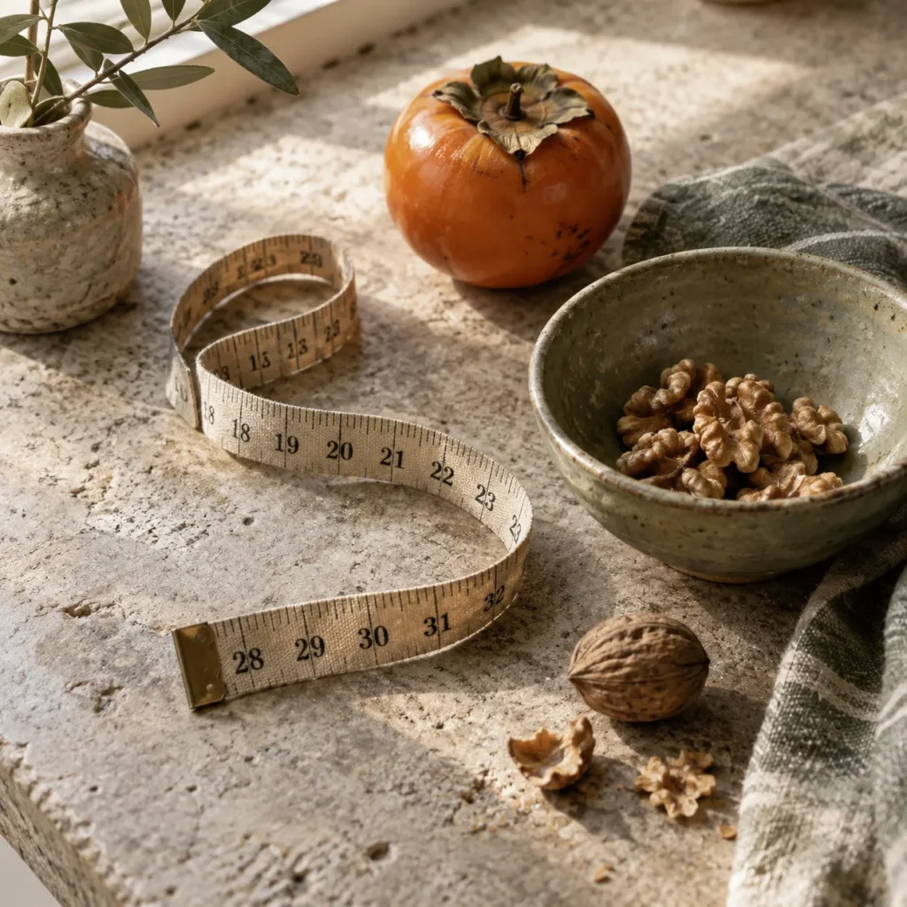 A linen measuring tape beside walnuts, a sage ceramic bowl, and a persimmon on a warm stone surface.