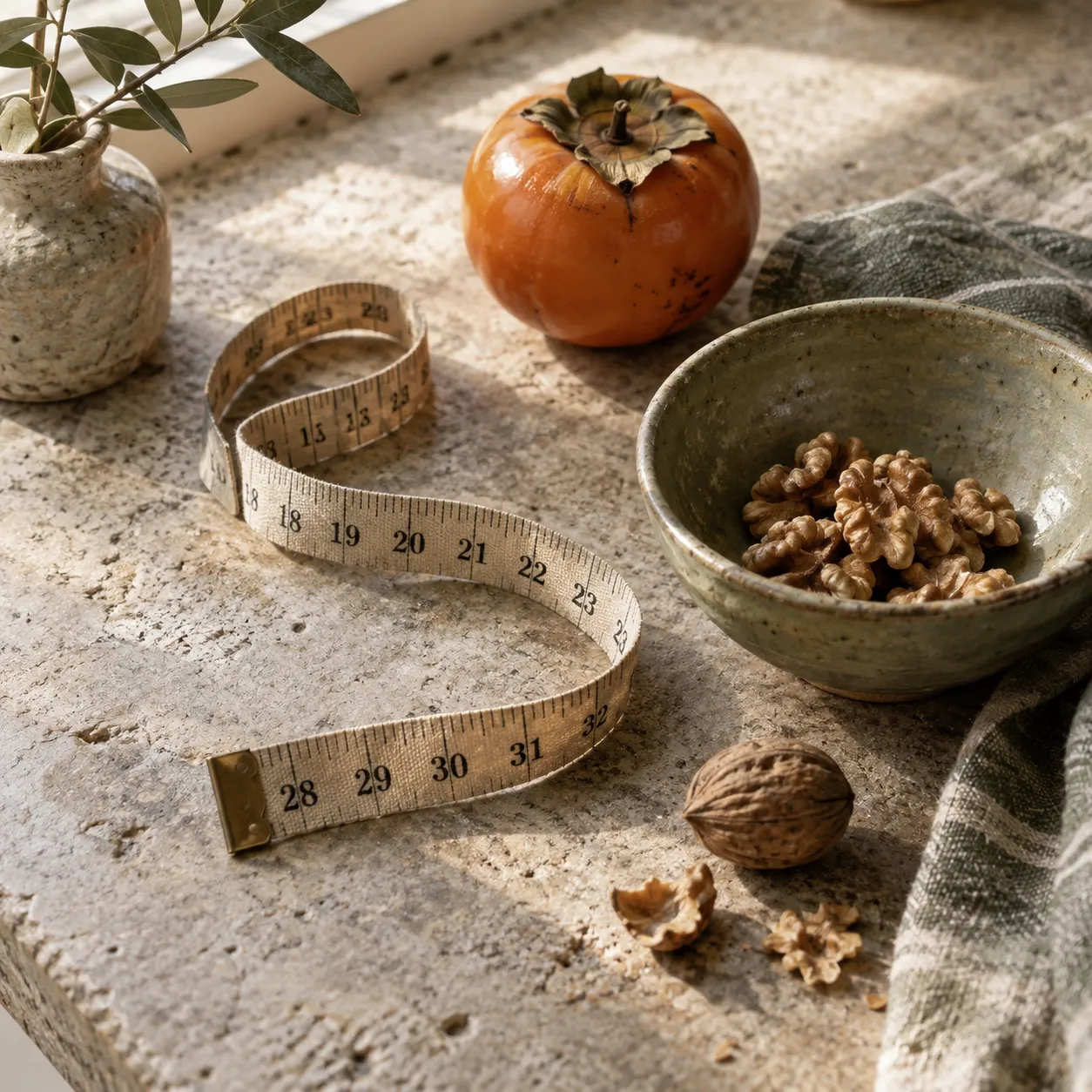 A linen measuring tape beside walnuts, a sage ceramic bowl, and a persimmon on a warm stone surface.