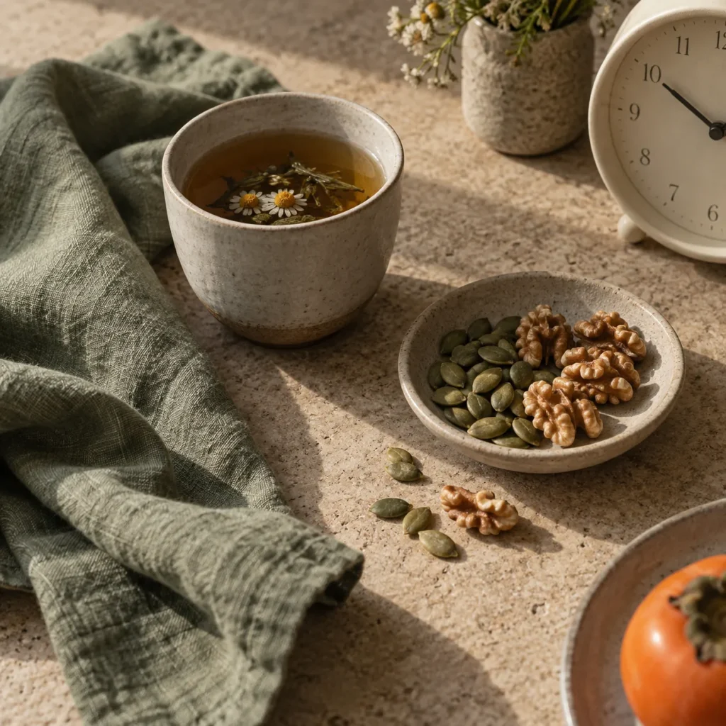 Herbal tea, walnuts, pumpkin seeds, a sage linen, and a cream clock arranged in warm natural light.