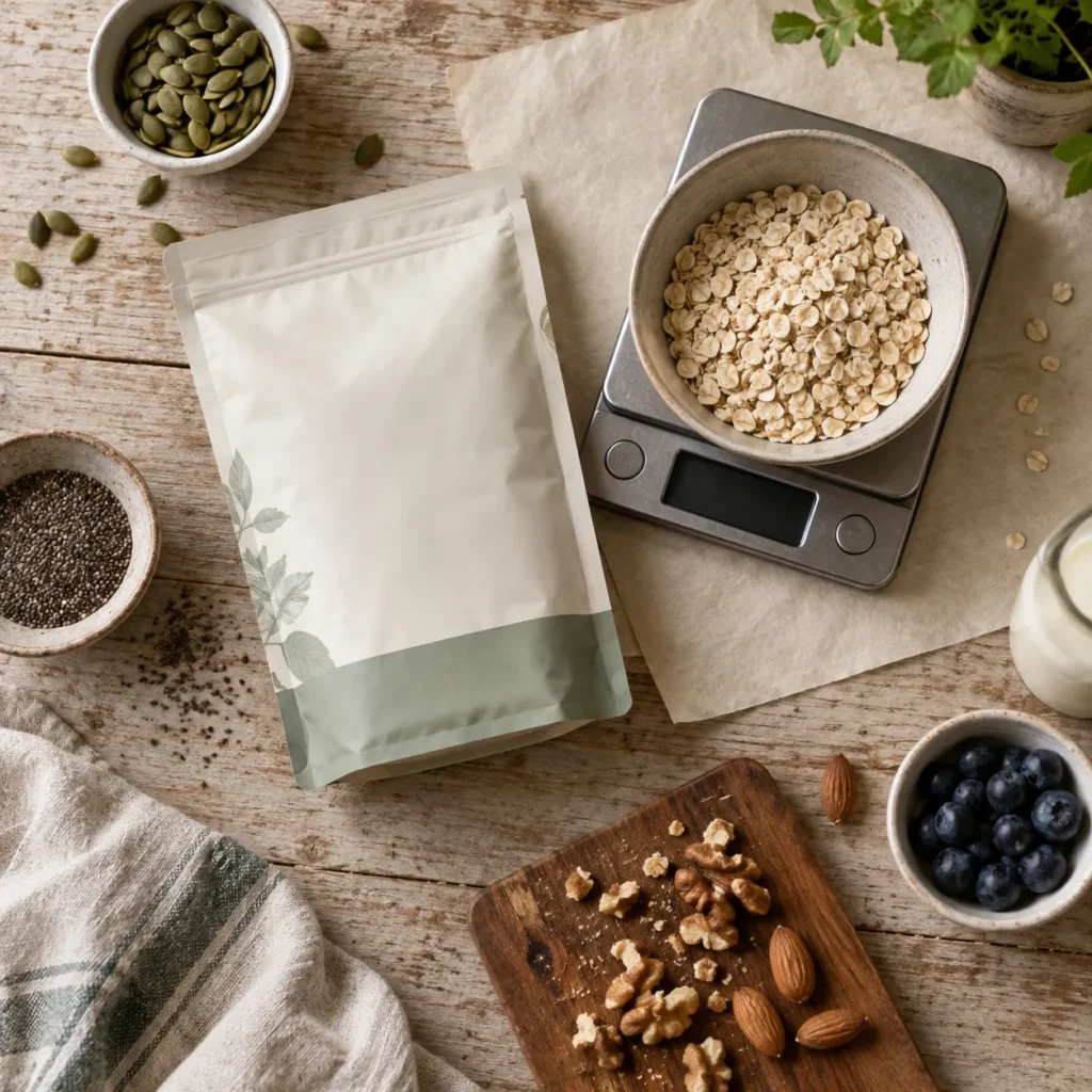 Plain food package beside oats, seeds, nuts, berries, and a kitchen scale for an article about nutrition-label variability.