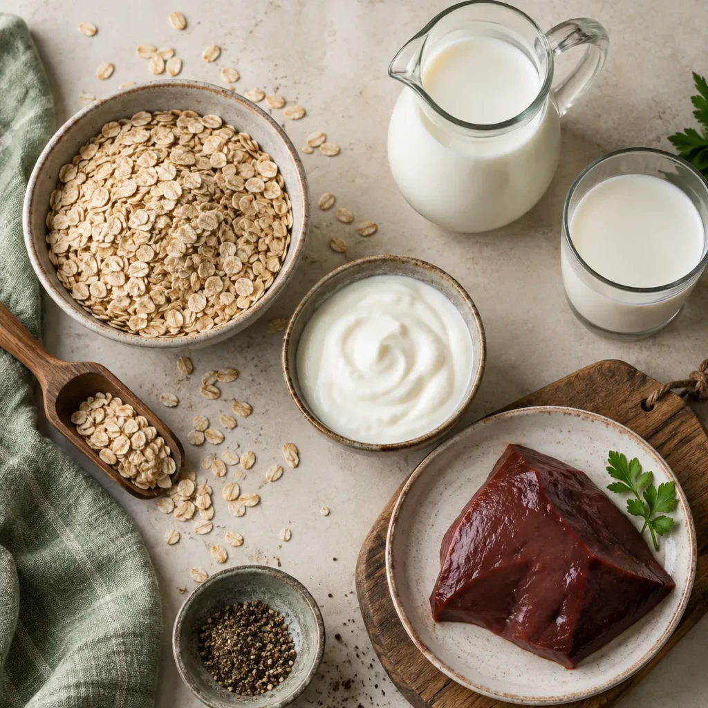 Oats, milk, yogurt, and beef liver arranged as dietary sources of vitamin B2.