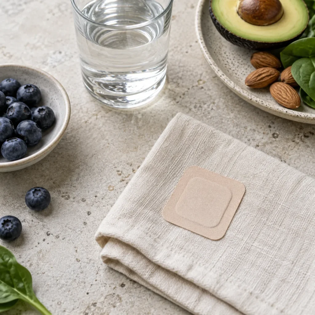 Neutral adhesive patch on folded cloth beside water and whole foods for an article evaluating vitamin patches.