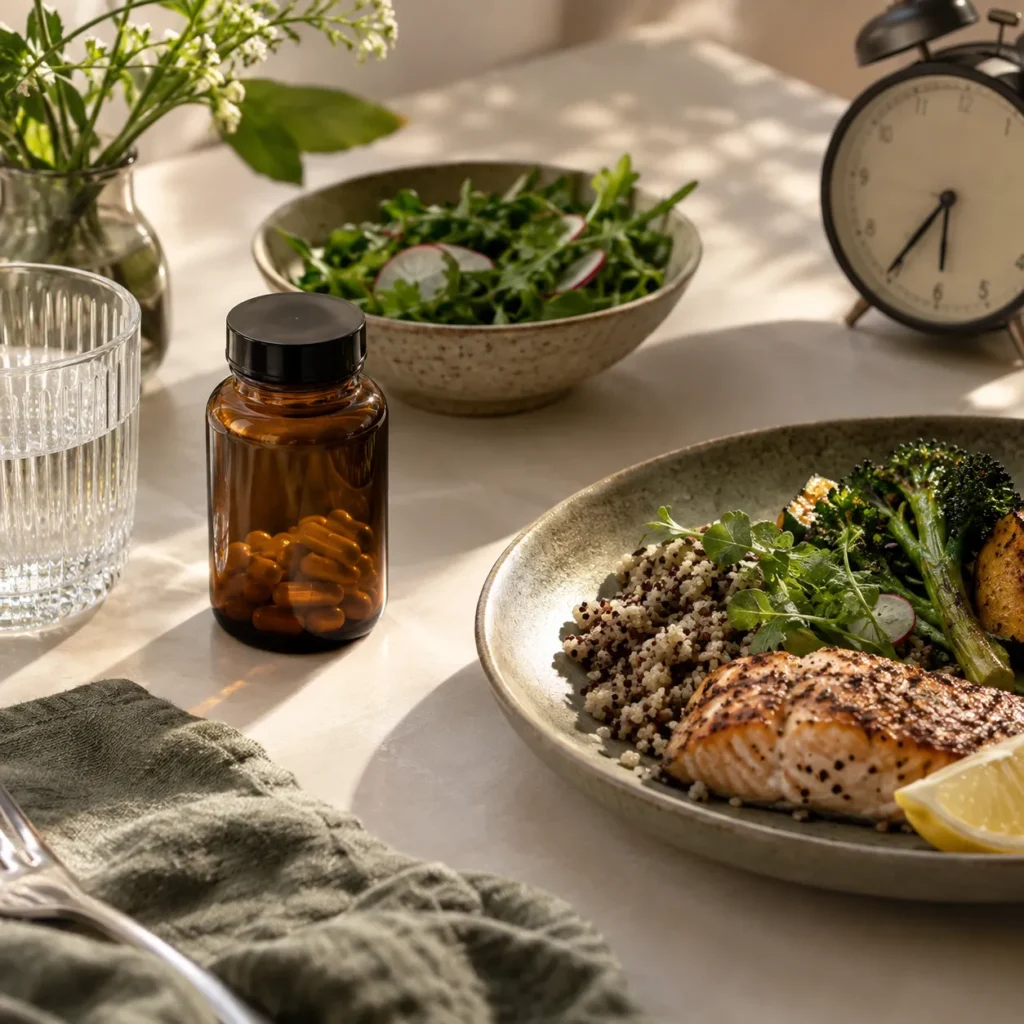 Unlabeled amber supplement jar beside a balanced evening meal and an analog clock for an article about vitamin timing.
