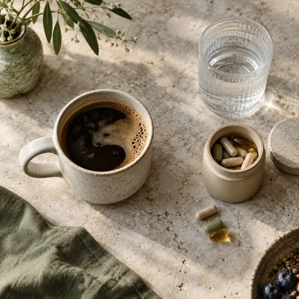 Coffee cup separated from an unlabeled supplement jar and a glass of water on a pale stone table.