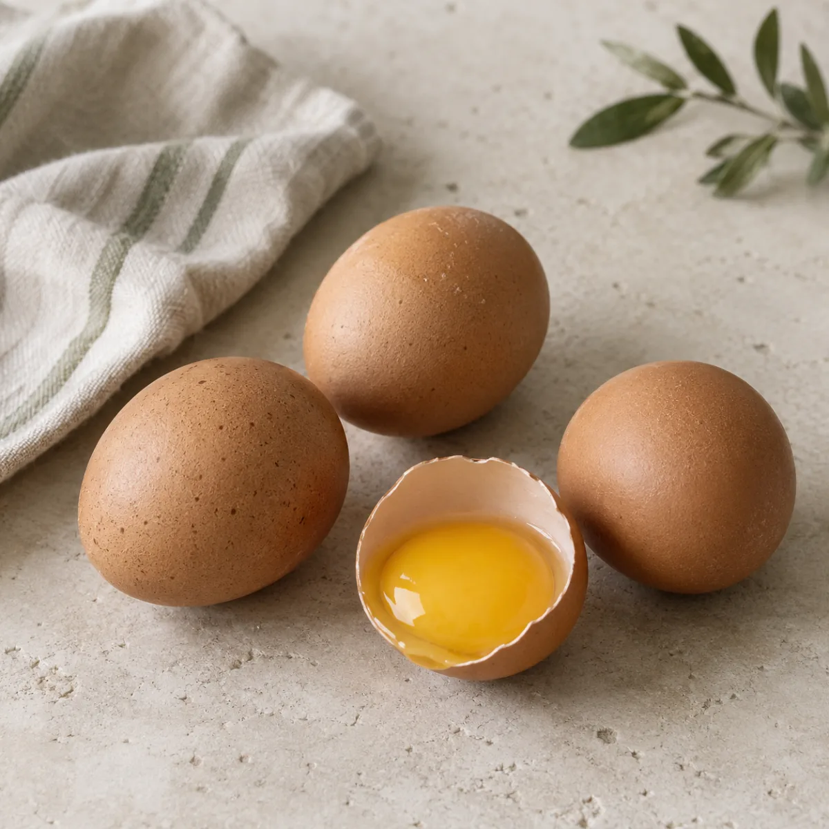 Brown eggs and a cracked egg with yolk on a neutral stone surface